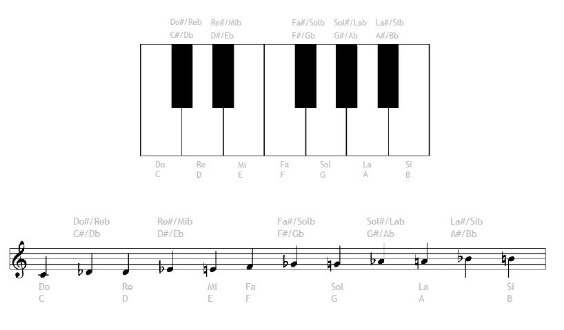 Escala cromática en pentagrama y piano